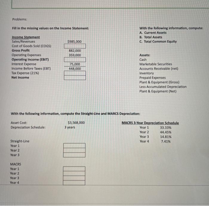 Problems: Fill in the missing values on the Income Statement: With the