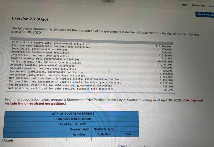 Seved Help Save & Exit Subm Check my wom Exercise 2-7 (Algo)