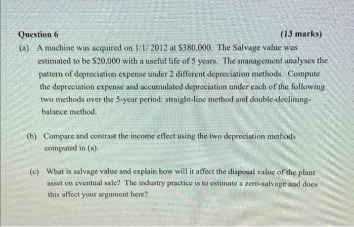 Question 6 (13 marks) (a) A machine was acquired on 1/1/2012 at