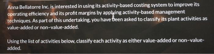 Anna Bellatorre Inc. is interested in using its activity-based costing system to