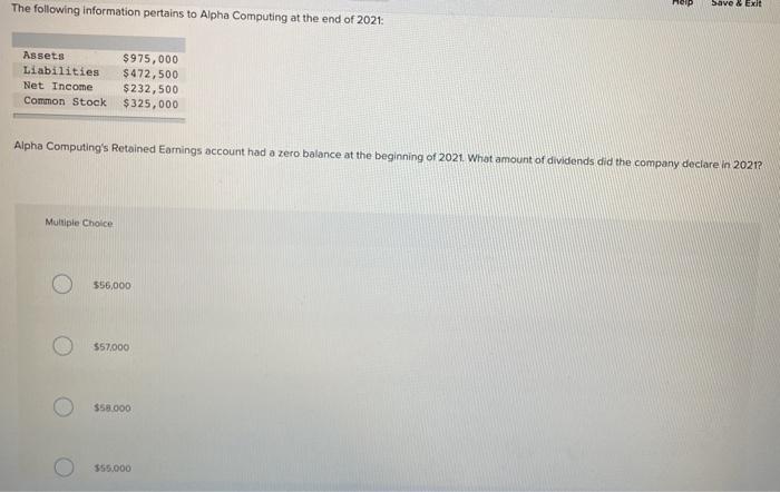 The following information pertains to Alpha Computing at the end of 2021: