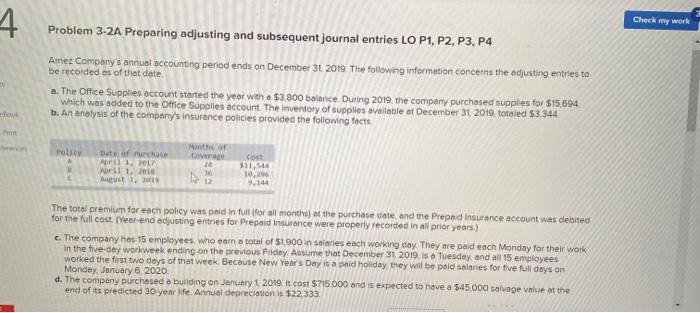 4 Problem 3-2A Preparing adjusting and subsequent journal entries LO P1, P2,
