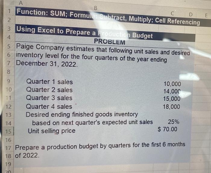 A B C D E 1 Function: SUM; Formula: Subtract, Multiply; Cell