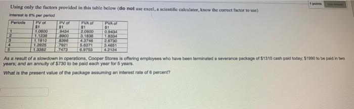 Using only the factors provided in this table below (do not use