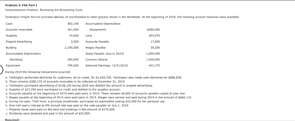 Problem 3-70A Part I Comprehensive Problem: Reviewing the Accounting Cycle Tarkington Freight