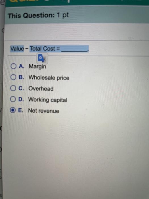 2 O This Question: 1 pt Value Total Cost = - OA.