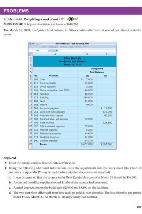 PROBLEMS Problem 4-1A Completing a work sheet LO1 excel CHECK FIGURE: 3.
