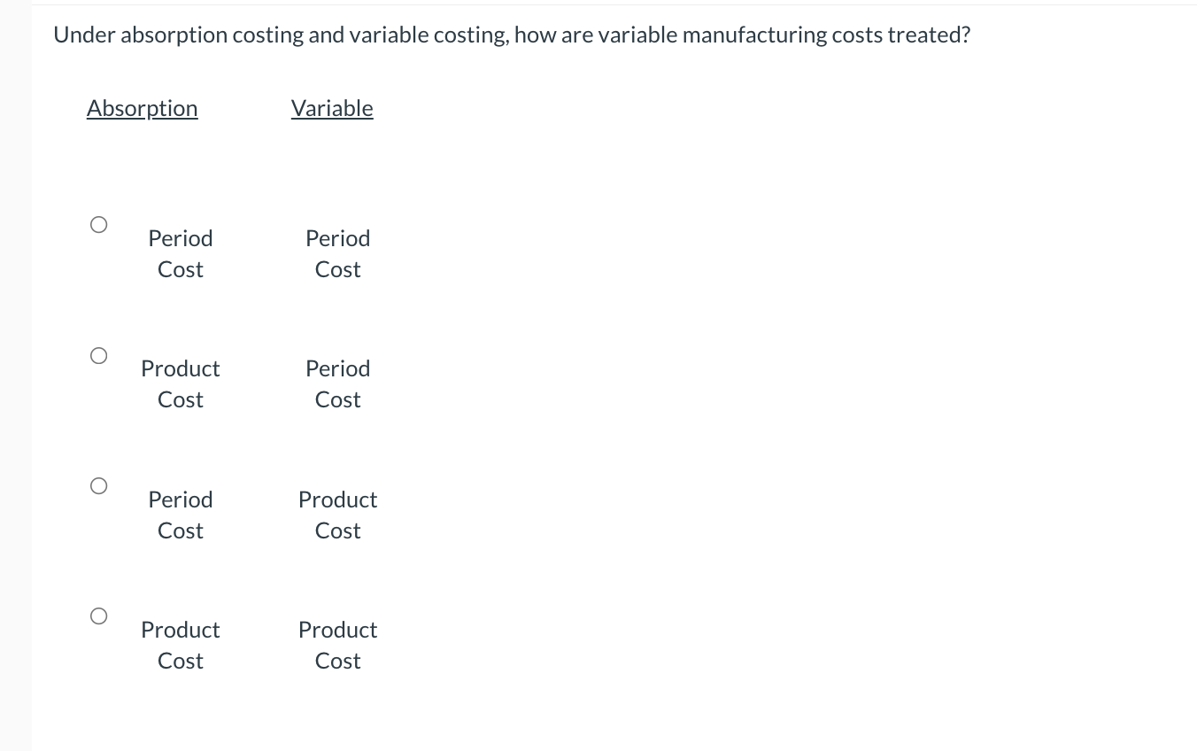 Under absorption costing and variable costing, how are variable manufacturing costs treated?