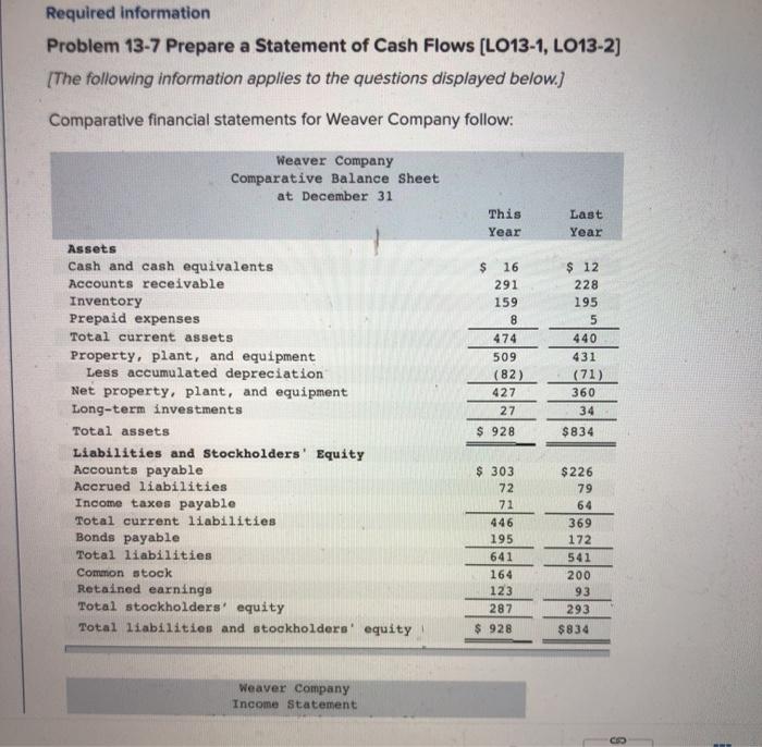 Required information Problem 13-7 Prepare a Statement of Cash Flows [LO13-1, LO13-2]