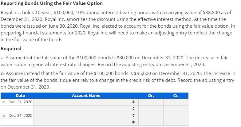 Reporting Bonds Using the Fair Value Option Royal Inc. holds 10-year, $100,000,