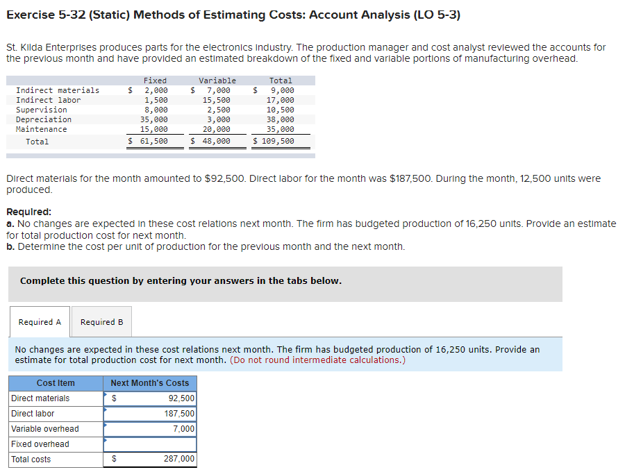 Exercise 5-32 (Static) Methods of Estimating Costs: Account Analysis (LO 5-3) St.