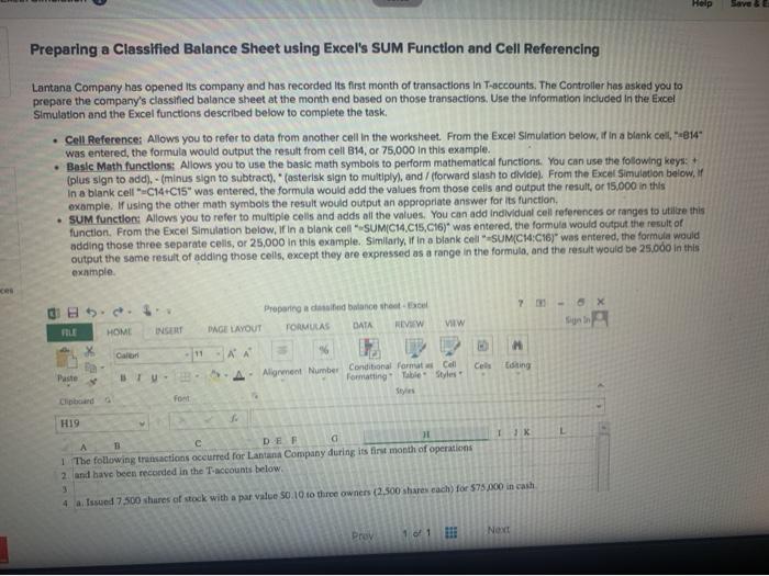 Preparing a Classified Balance Sheet using Excel's SUM Function and Cell Referencing