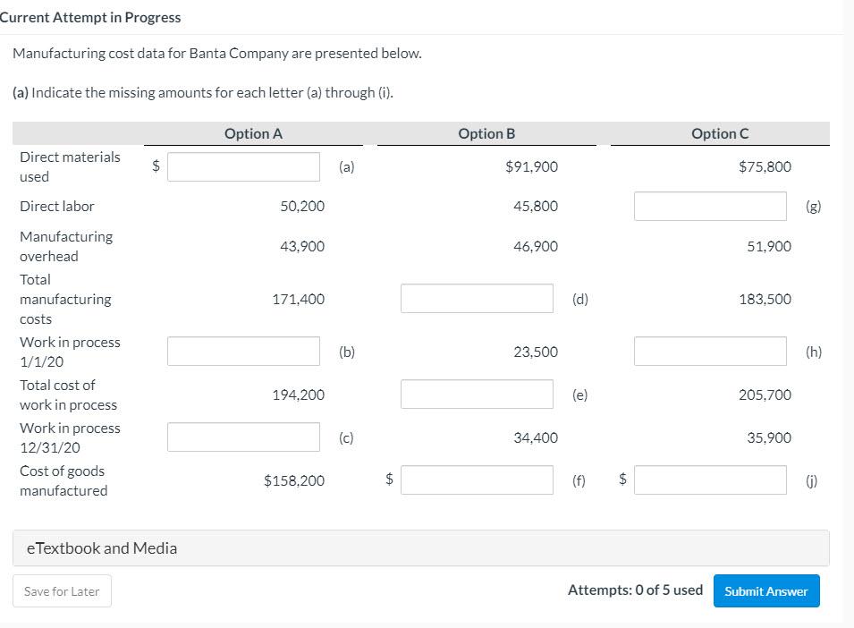 Current Attempt in Progress Manufacturing cost data for Banta Company are presented