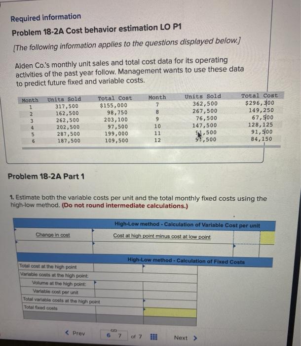 Required information Problem 18-2A Cost behavior estimation LO P1 [The following information