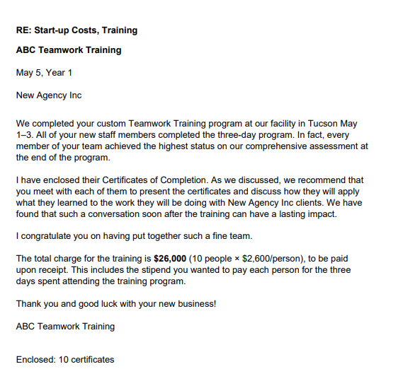 RE: Start-up Costs, Training ABC Teamwork Training May 5, Year 1 New