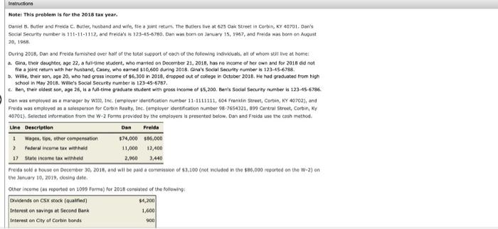 Instructions Note: This problem is for the 2018 tax year. Daniel B.