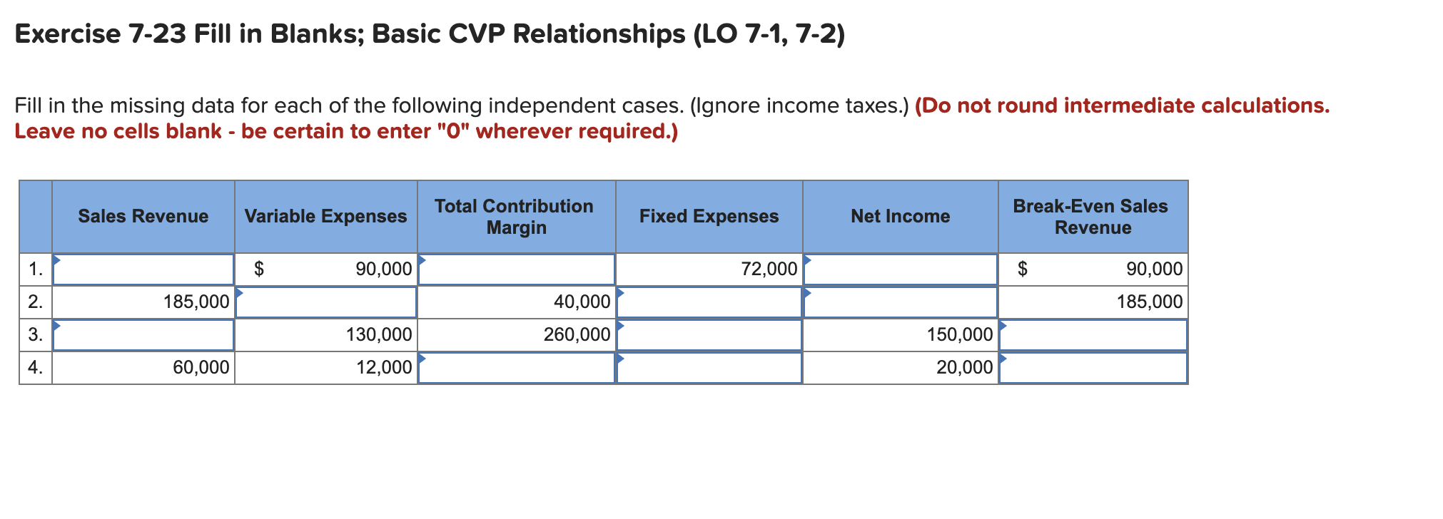 Exercise 7-23 Fill in Blanks; Basic CVP Relationships (LO 7-1, 7-2) Fill