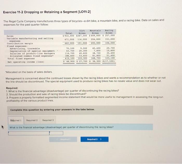 Exercise 11-2 Dropping or Retaining a Segment [LO11-2] The Regal Cycle Company