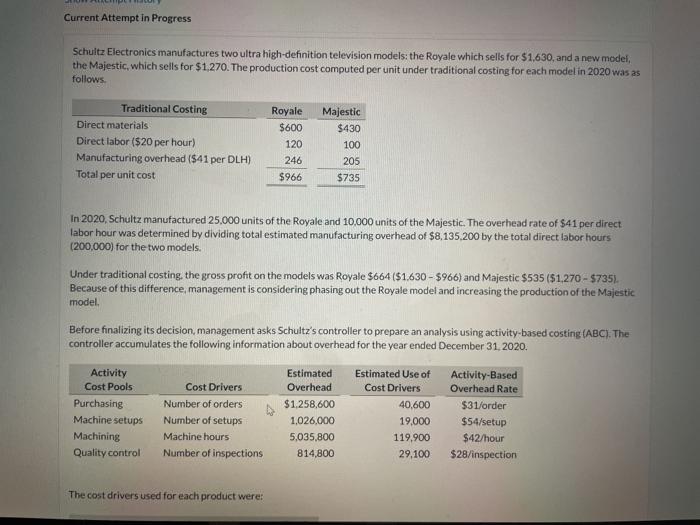 Current Attempt in Progress Schultz Electronics manufactures two ultra high-definition television models: