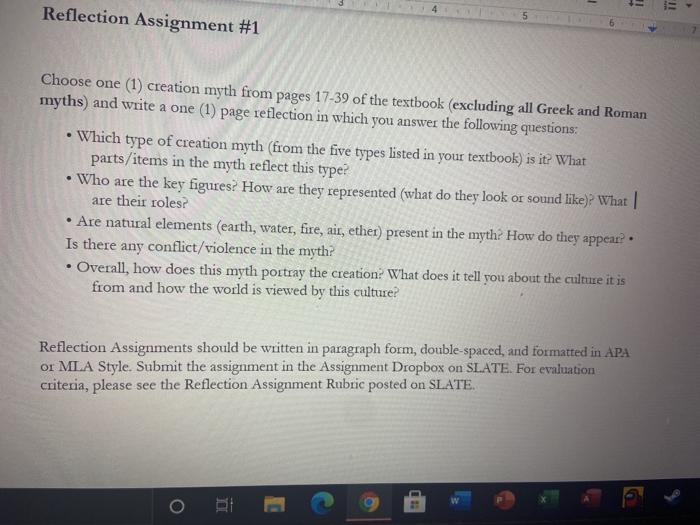 4 5 Reflection Assignment #1 Choose one (1) creation myth from pages