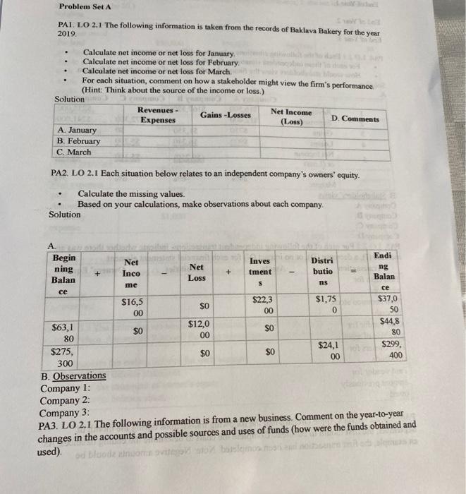 Problem Set A PAI. LO 2.1 The following information is taken from