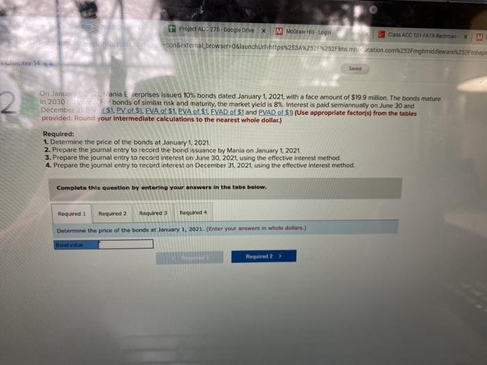 Chapter 10 Project ACC 275 Google Drive x M McGraw Hi-Login Class