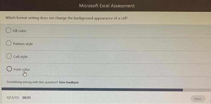 Microsoft Excel Assessment Which format setting does not change the background appearance