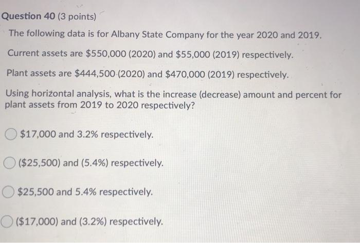 Question 40 (3 points) The following data is for Albany State Company
