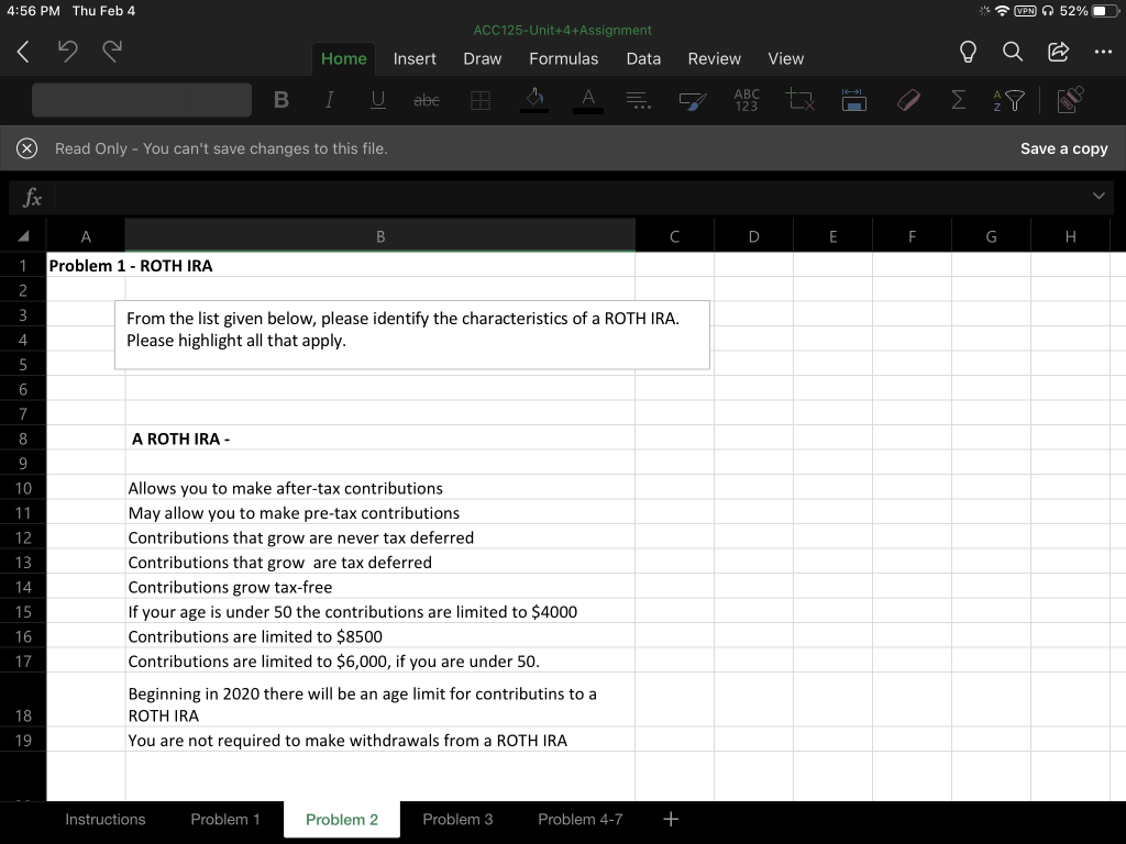 4:56 PM Thu Feb 4 < fx ACC125-Unit+4+Assignment Home Insert Draw Formulas