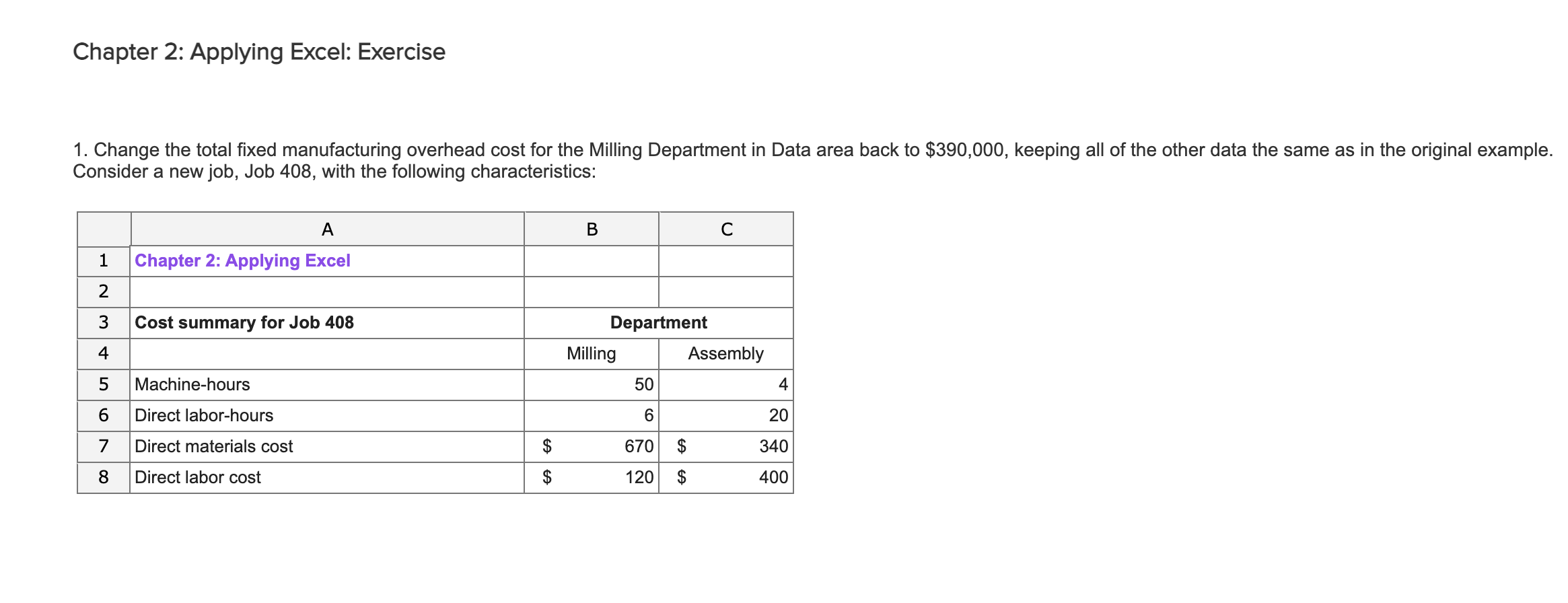 Chapter 2: Applying Excel: Exercise 1. Change the total fixed manufacturing overhead