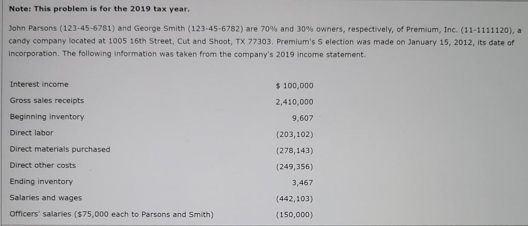 Note: This problem is for the 2019 tax year. John Parsons (123-45-6781)