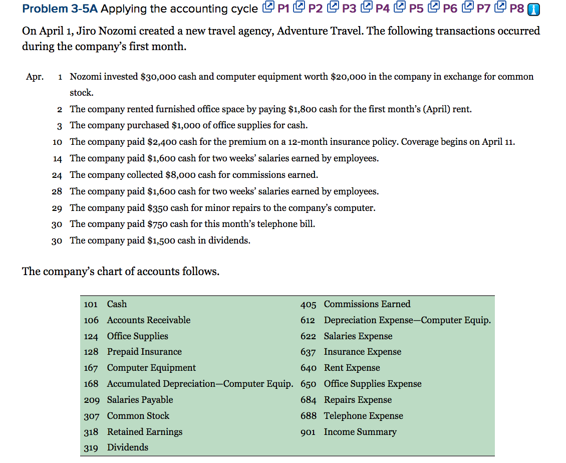 Problem 3-5A Applying the accounting cycle P1 P2 P3 P4 P5 P6