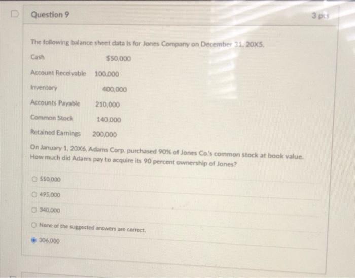 D Question 9 The following balance sheet data is for Jones Company