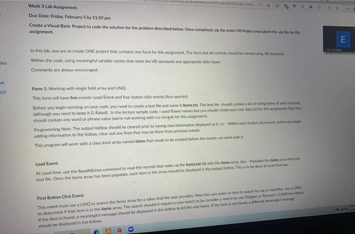 deo ve Week 3 Lab Assignment Due Date: Friday, February 5 by