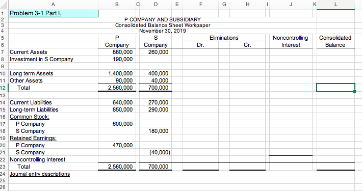 balance sheet after the student inputs the eliminating journal entries on the