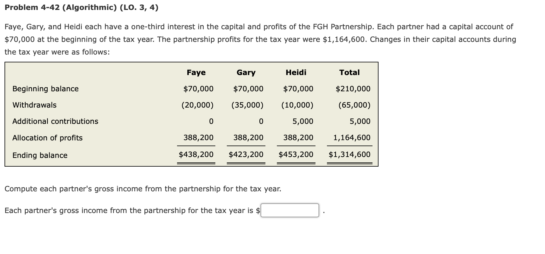 Problem 4-42 (Algorithmic) (LO. 3, 4) Faye, Gary, and Heidi each have