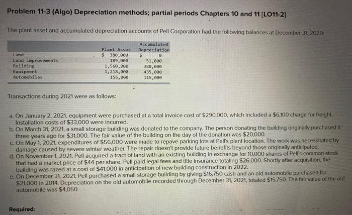Problem 11-3 (Algo) Depreciation methods; partial periods Chapters 10 and 11 [LO11-2]
