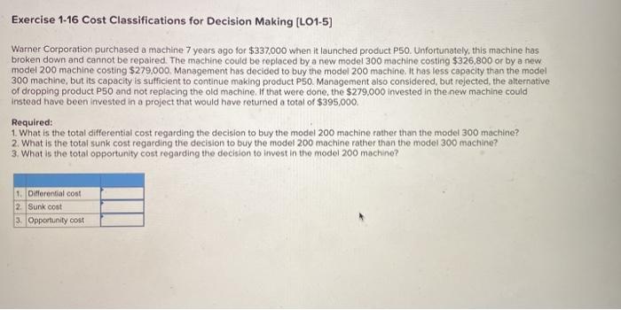 Exercise 1-16 Cost Classifications for Decision Making [LO1-5] Warner Corporation purchased a