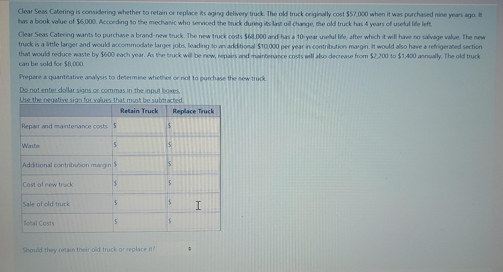 Clear Seas Catering is considering whether to retain or replace its aging