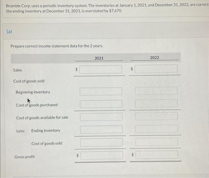 2021 Sales revenue $256,200 $223,560 Beginning inventory 39,930 33,610 Cost of goods