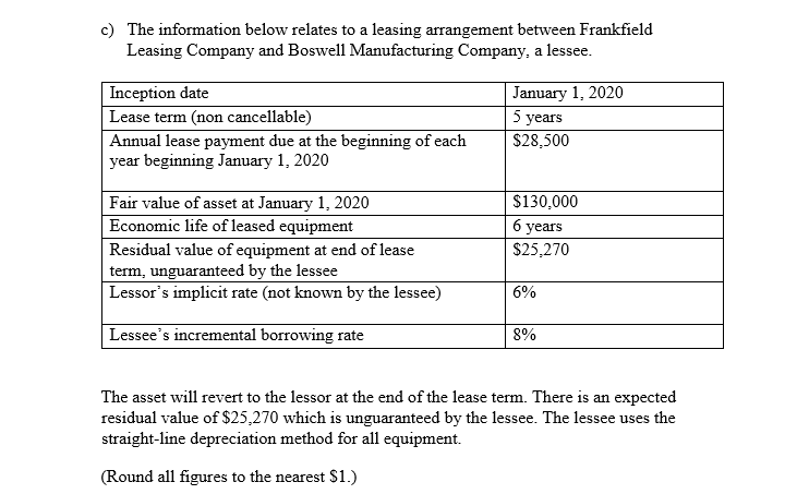 c) The information below relates to a leasing arrangement between Frankfield Leasing