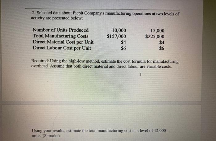 2. Selected data about Piepit Company's manufacturing operations at two levels of