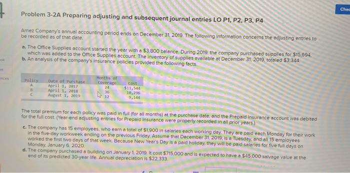 ck Problem 3-2A Preparing adjusting and subsequent journal entries LO P1, P2,