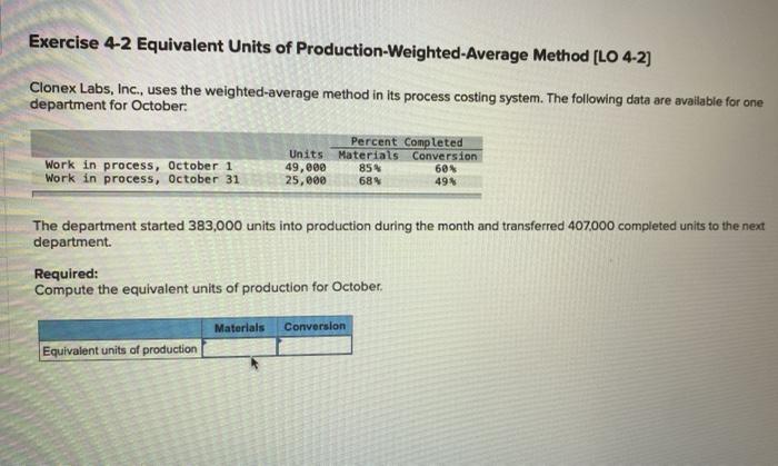 Exercise 4-2 Equivalent Units of Production-Weighted-Average Method [LO 4-2] Clonex Labs, Inc.,