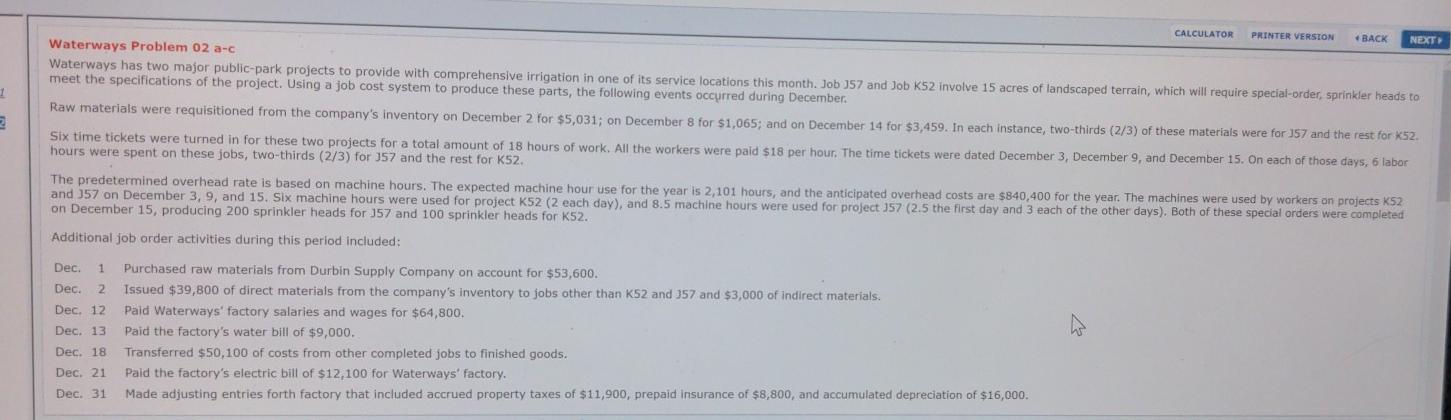 CALCULATOR PRINTER VERSION BACK NEXT E Waterways Problem 02 a-c Waterways has