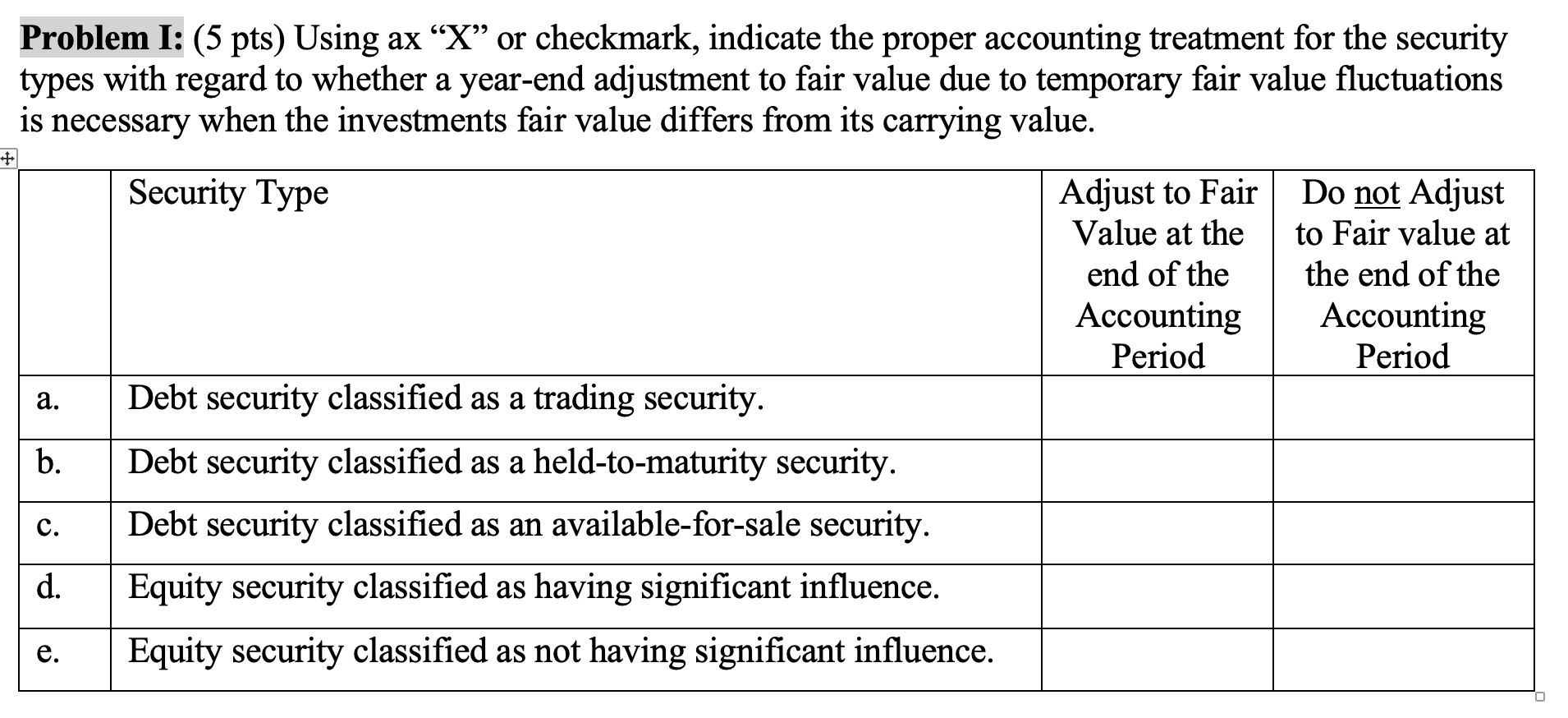 + Problem I: (5 pts) Using ax "X" or checkmark, indicate the