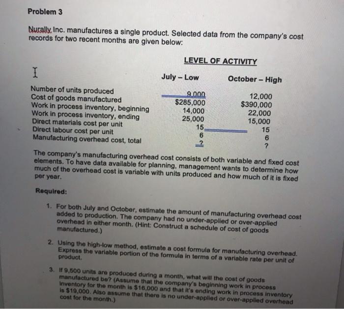 Problem 3 Nurally, Inc. manufactures a single product. Selected data from the