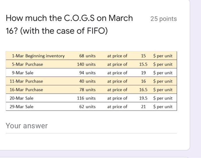 How much the C.O.G.S on March 16? (with the case of FIFO)