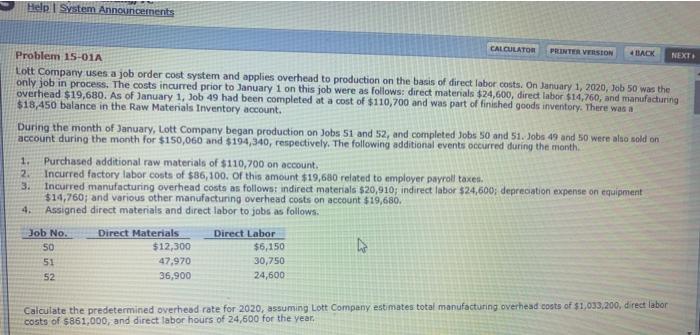 Help I System Announcements CALCULATOR PRINTER VERSION BACK NEXT Problem 15-01A Lott
