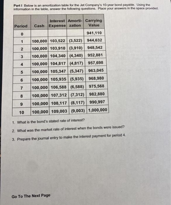 Part I Below is an amortization table for the Jet Company's 10-year